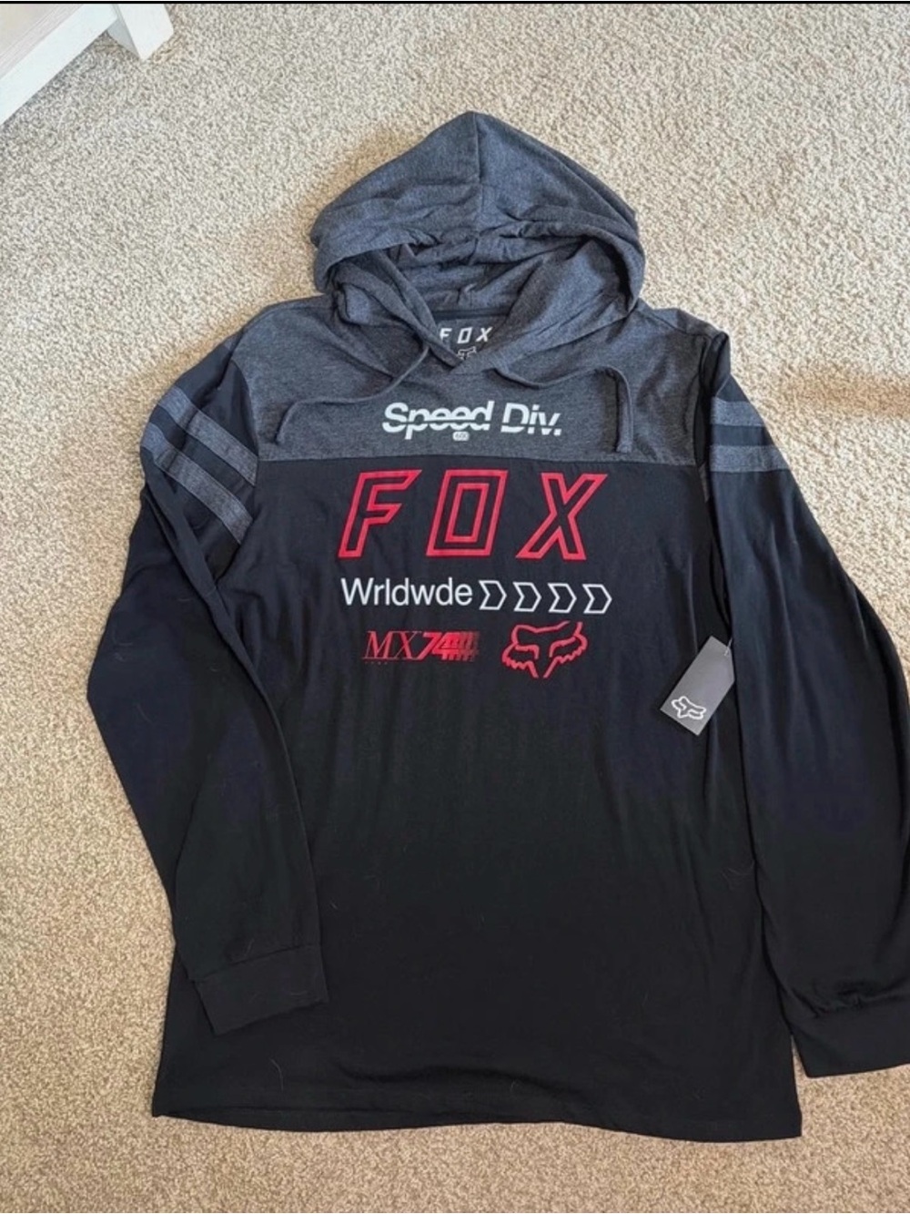 Fox Men's Black & Charcoal Hooded Zip-Up Sweater with Red Logo